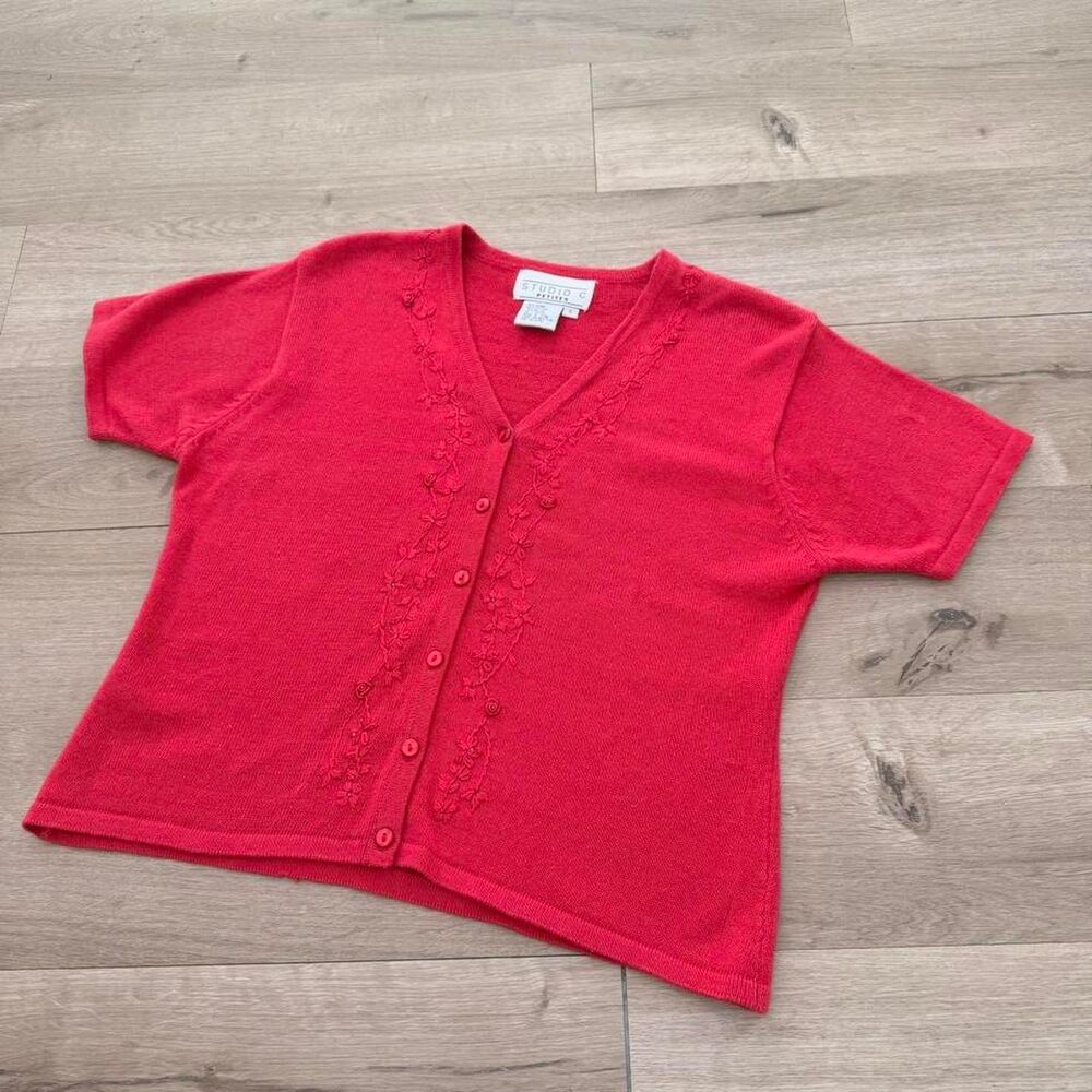 Studio C Petites Red Embroidered Button Up Cardigan Sweater VTG Minimalist Sz 6